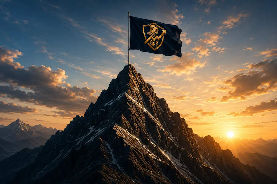 A navy GFK flag flying above a mountain summit at sunrise.