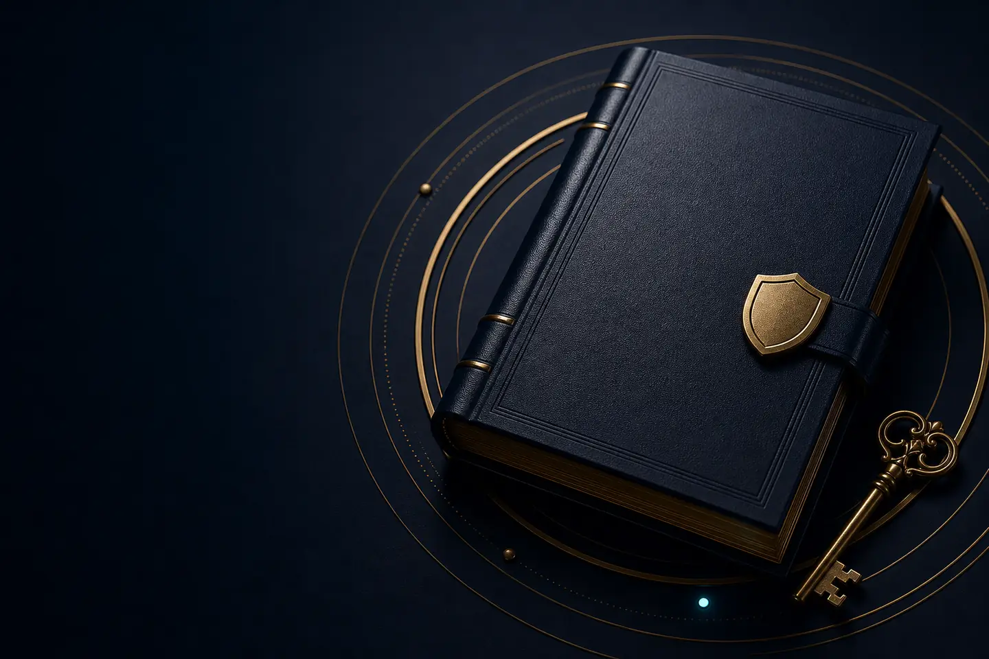 A navy ledger secured by a shield clasp, precision key, and protective rings.